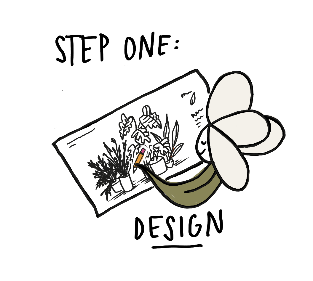 A drawing of a potted plant with jars and a spraying can against a black background.