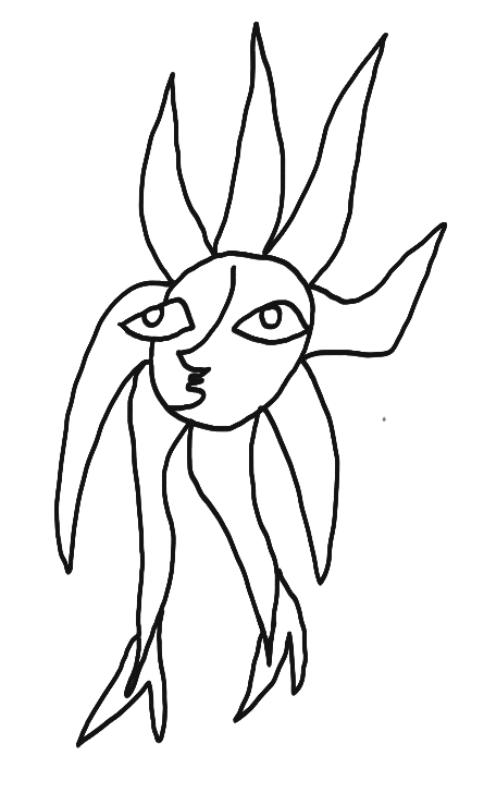 Line drawing of a human face with multiple elongated, pointed shapes resembling leaves or flames coming out from the head.