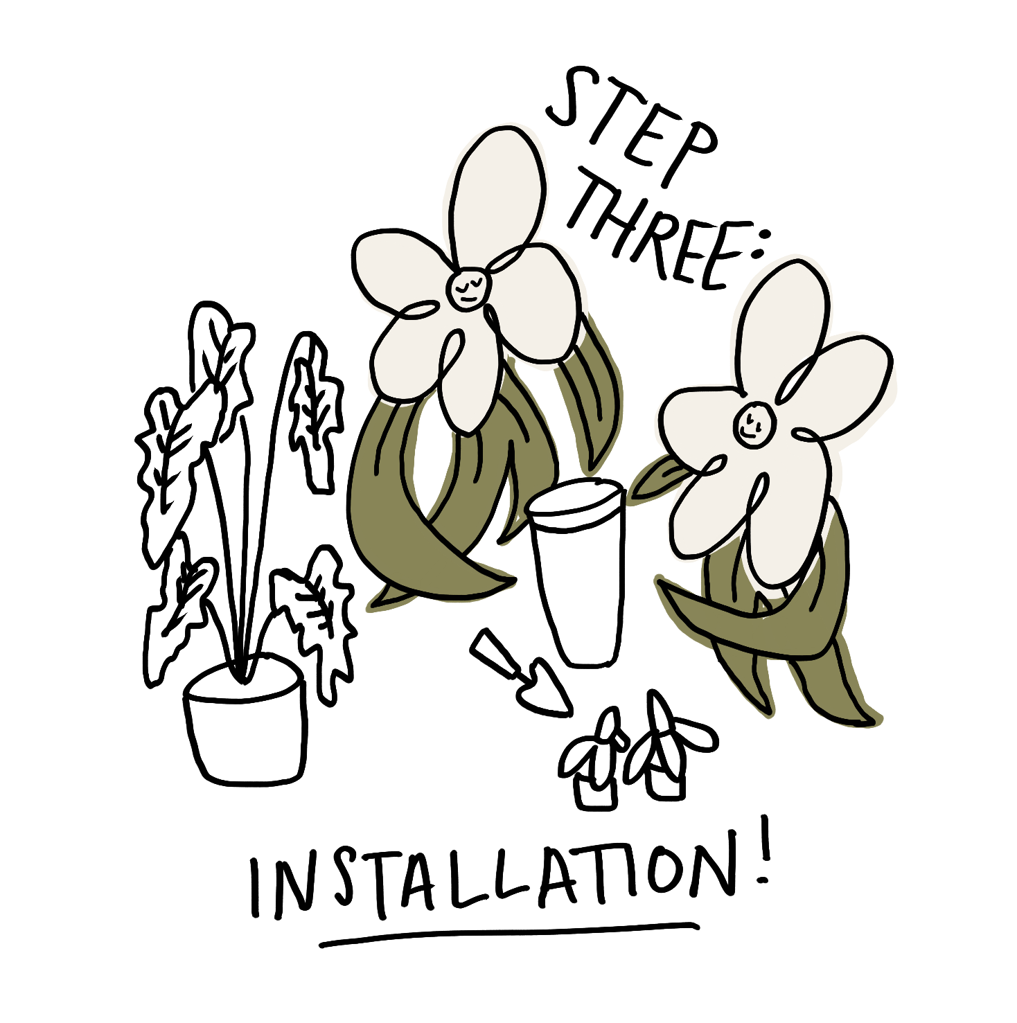 Cartoon illustration of two smiling white flowers with green stems and leaves on a black background.