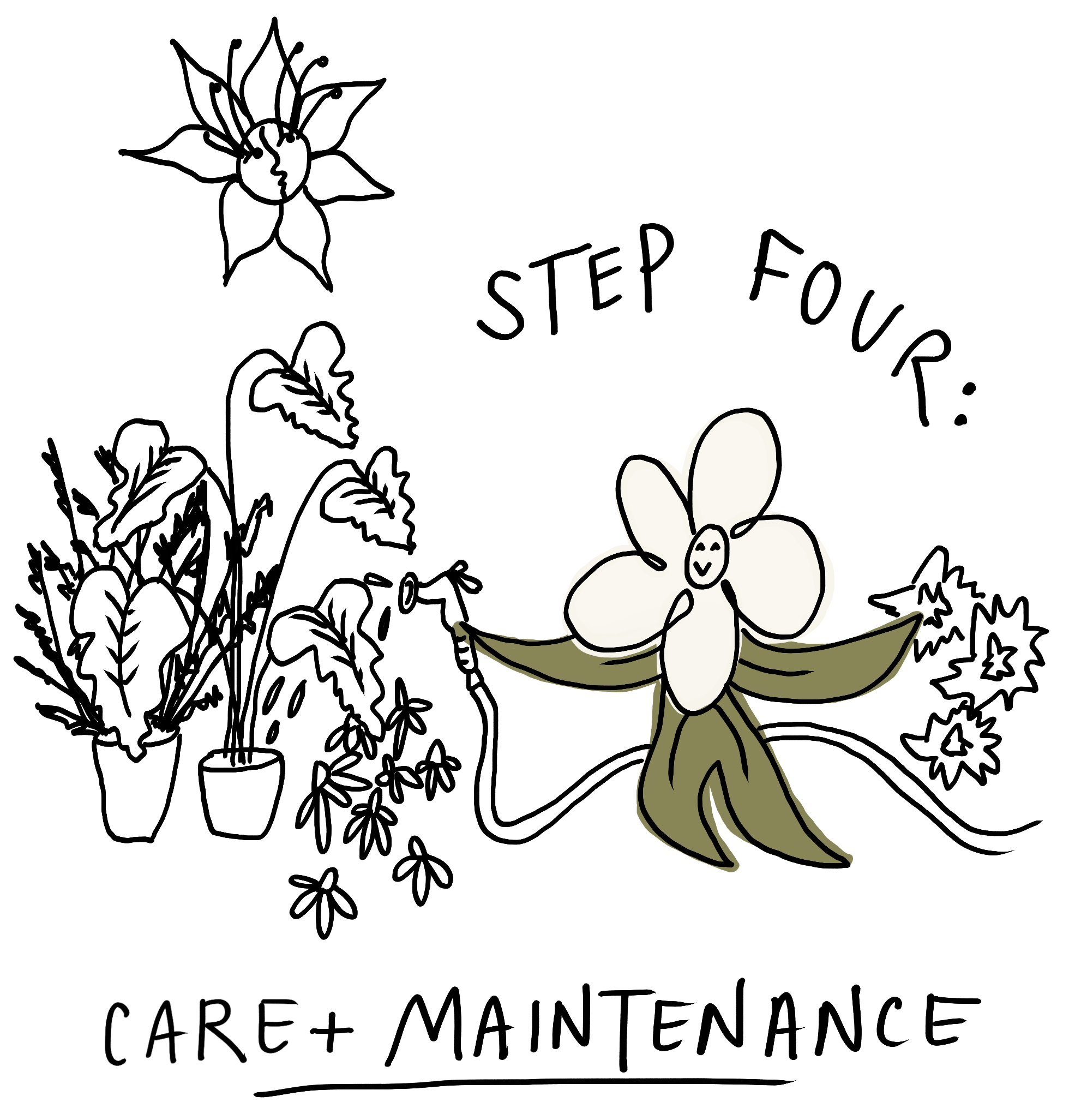 A smiling cartoon flower with white petals and green leaves on a black background.