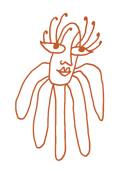 Line drawing of a woman with long hair and a smiling face, resembling a flower with petal-like structure.