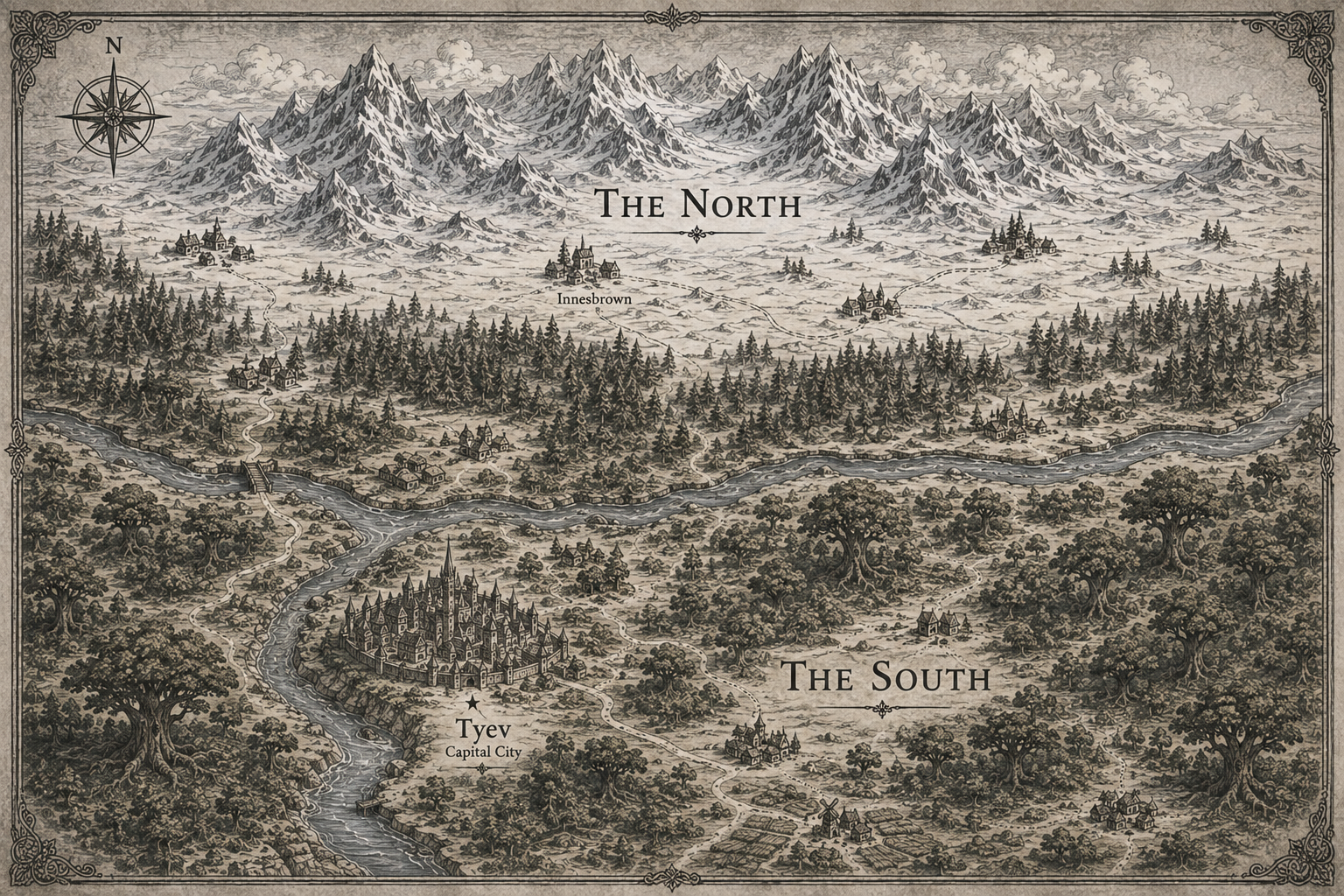 An illustrated map showing the regions of The North and The South, with mountain ranges, forests, rivers, towns, and city of Tyev labeled as the capital.
