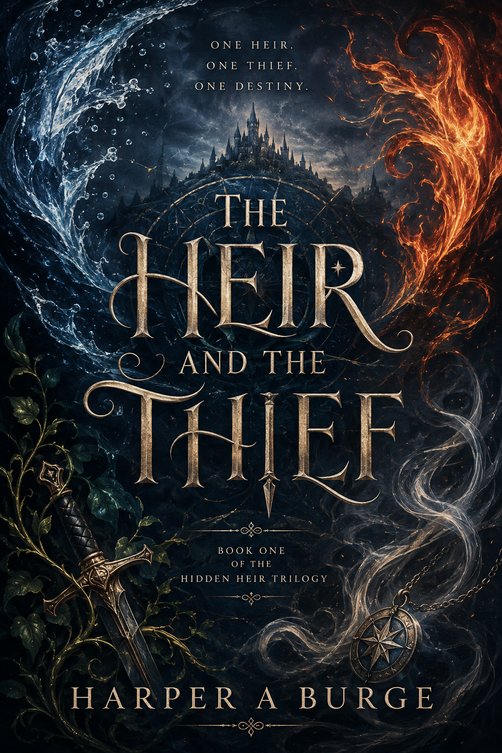 Book cover for "The Heir and The Thief" by Harper A. Burge. Features a dark castle at the top with swirling blue and fiery orange/mustard colors around it. Includes a sword partially obscured by leaves in the bottom left corner and a compass pendant in the bottom right corner.