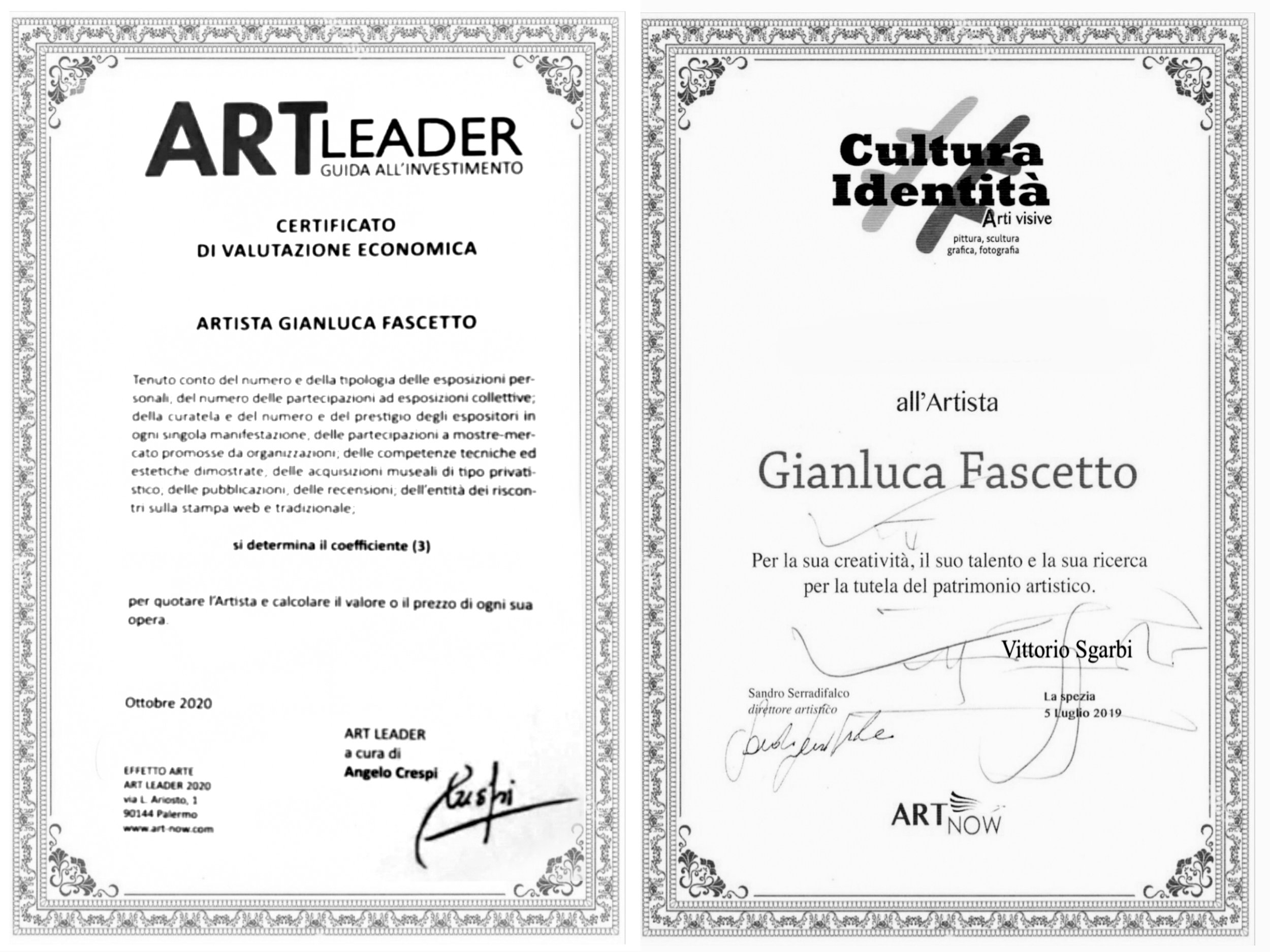 A collection of art certificates, including a certificate of economic evaluation and an artist's certificate for Gianluca Fascetto, with signatures and decorative borders.