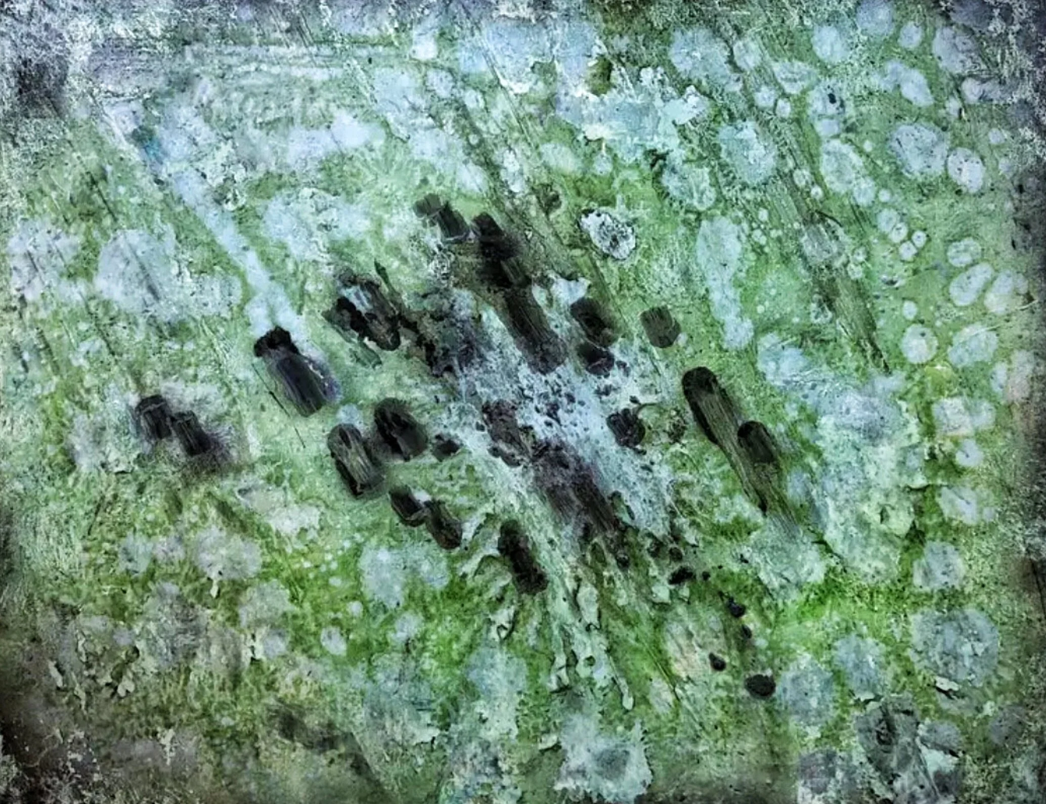 “ Greeny” oil on gessoed wooden panel, vinegar, salt, veg. charcoal.