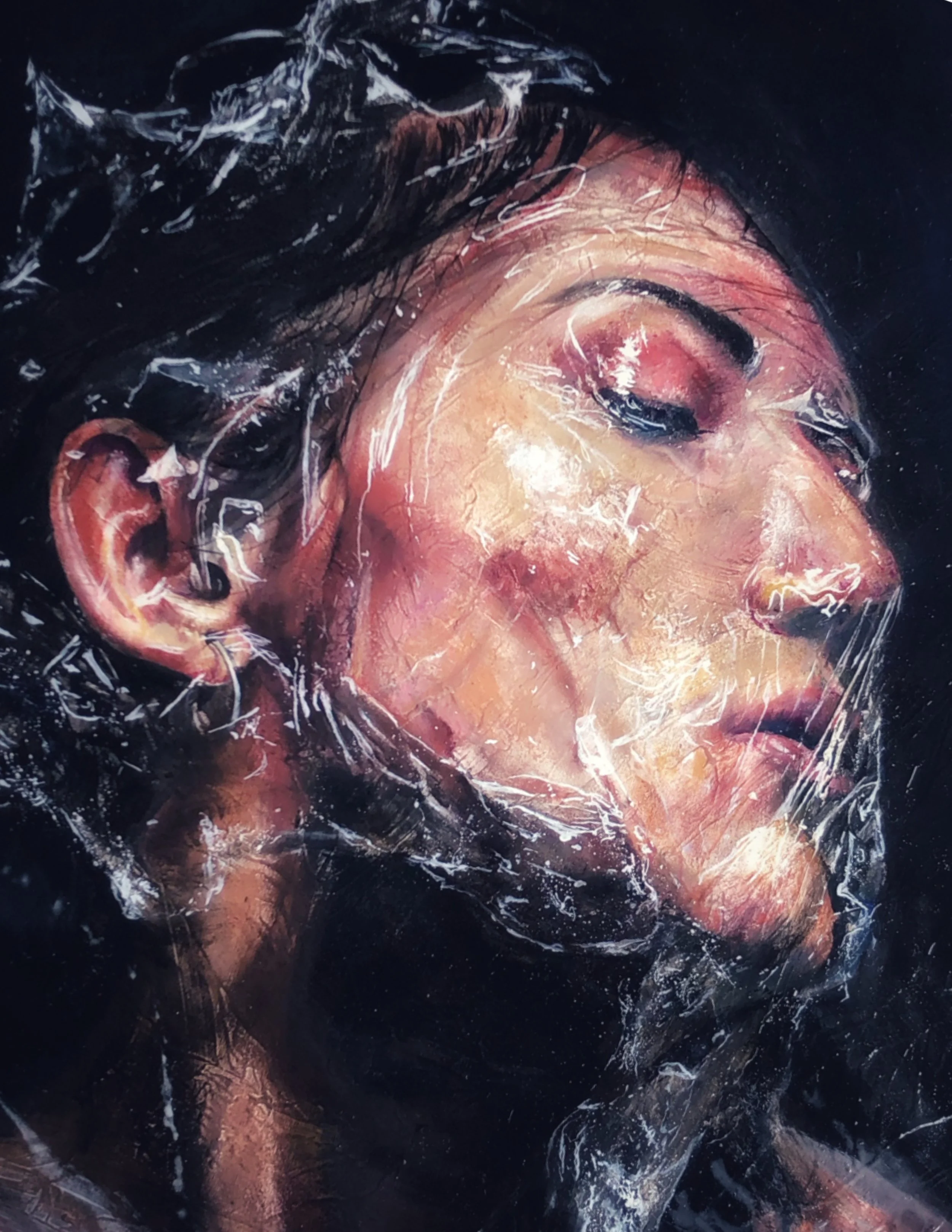 “Crisalid” Gianluca Fascetto portrait oil painting whit abstract backgrounds.