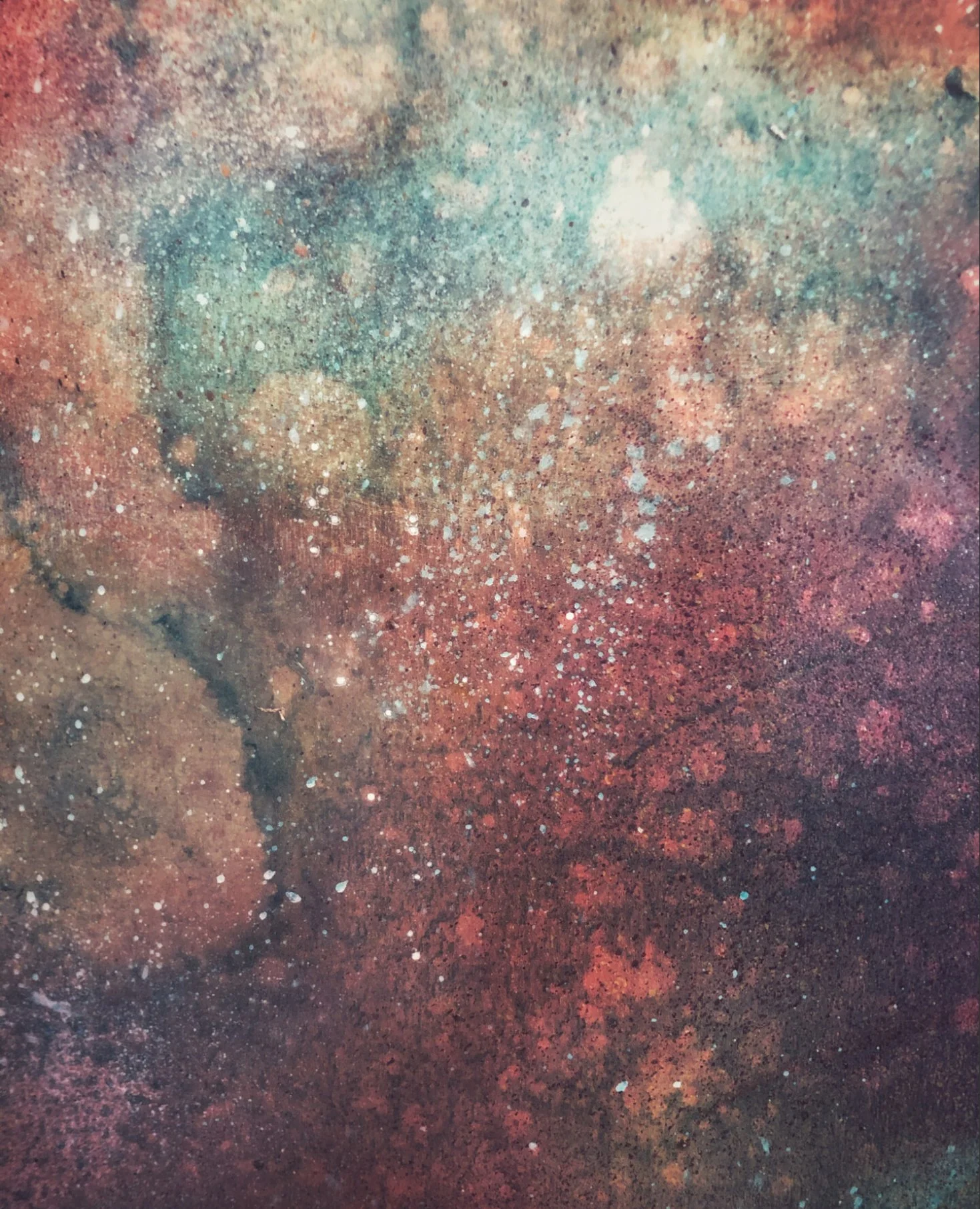 “Candid” oil on gessoed wooden panel, vinegar, salt, veg. charcoal