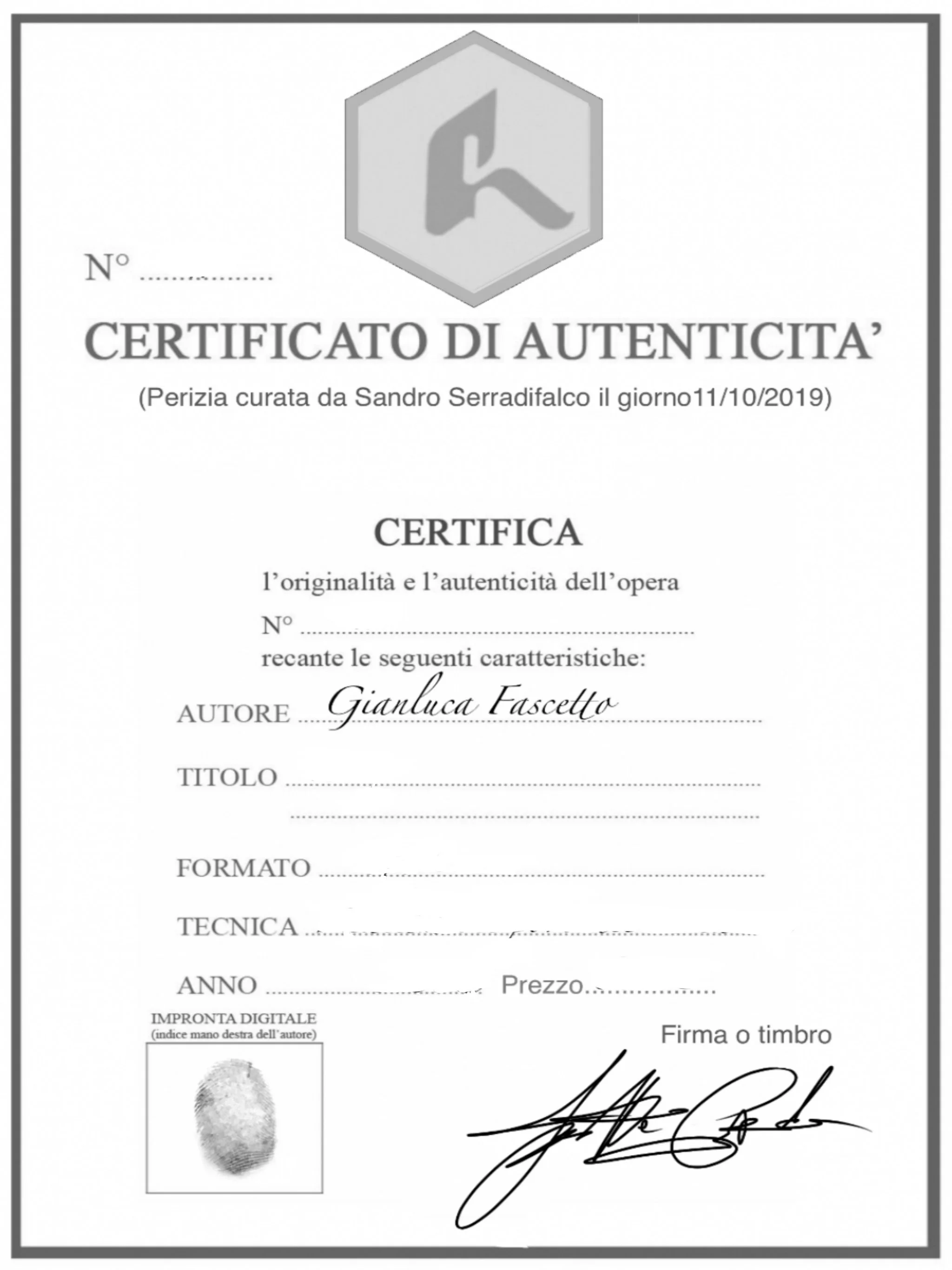 Black and white certification document with a fingerprint, signature, and Italian text, including a signature at the bottom.