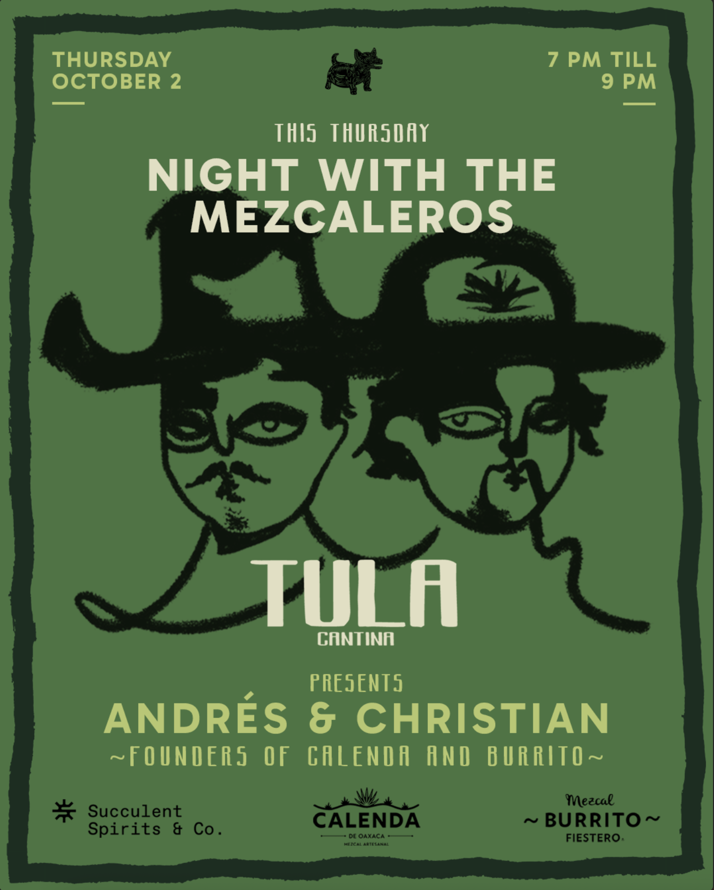 Event poster for 'Night with the Mezcaleros' on Thursday, October 2 from 7 pm to 9 pm, featuring Andrés and Christian, founders of Calenda and Burrito, with illustrations of two men and drawing-style graphics.