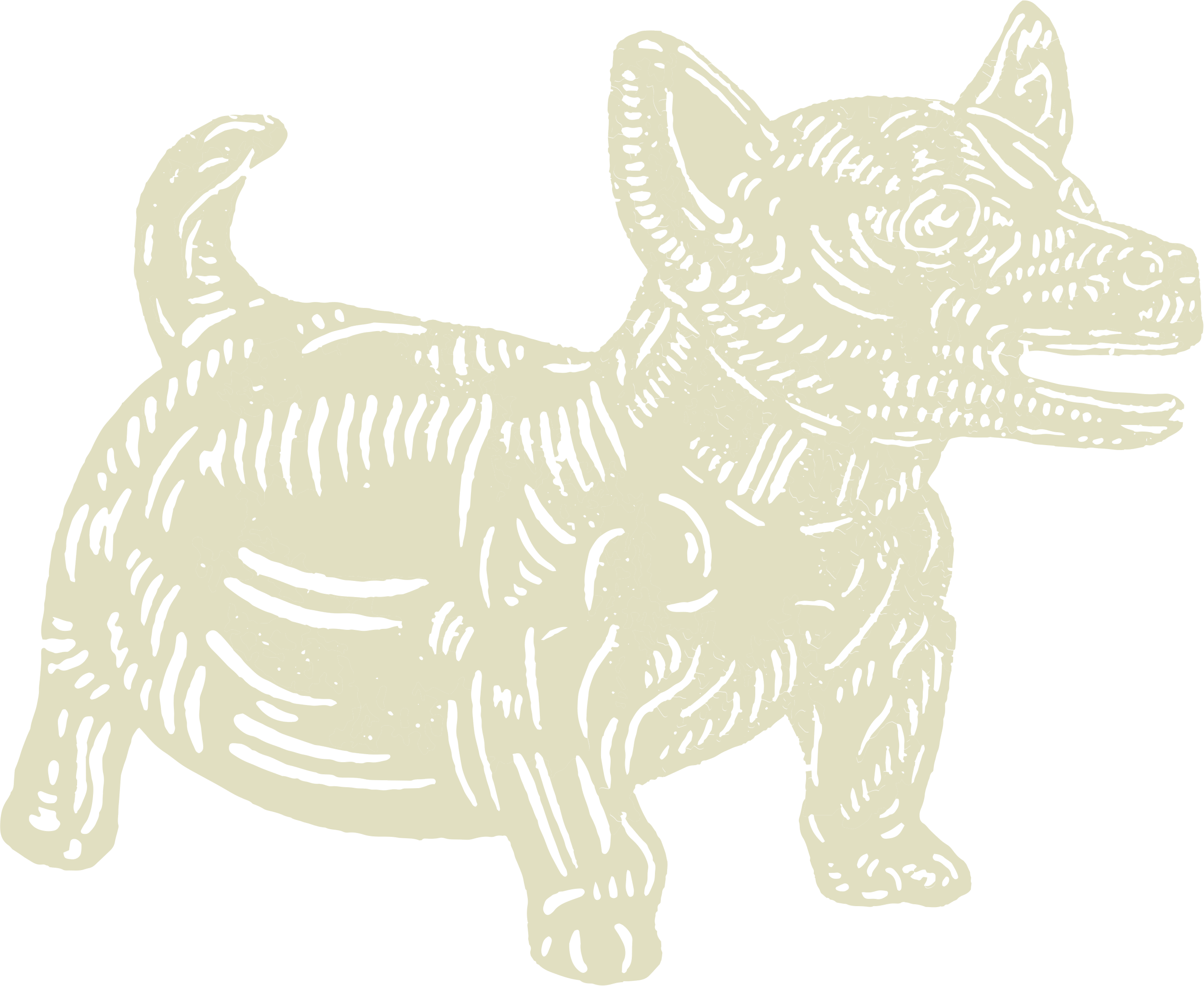 An illustration of a dog lying down with its head raised and front paw extended.