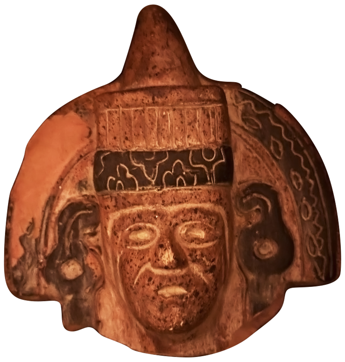 Ancient Mayan or Aztec carved stone artifact depicting a human face with detailed headgear and jewelry.