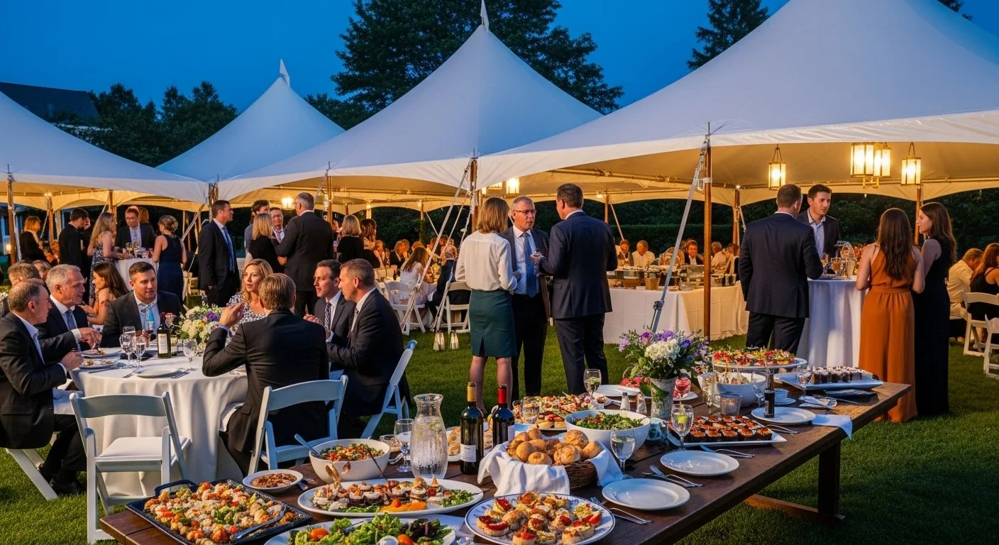 Outdoor evening banquet with guests socializing under white tents, decorated with food stations featuring salads, appetizers, and drinks, on a grassy area with trees in the background.