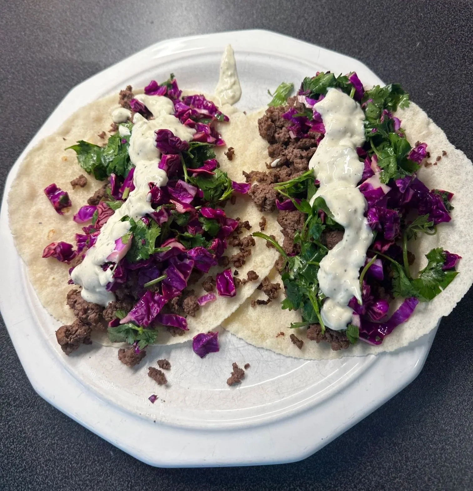 Ground Beef Tacos w/ Cabbage Slaw &amp; Garlic Aioli