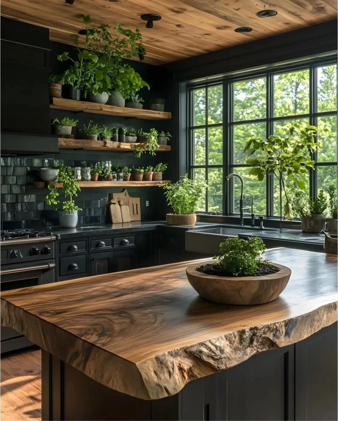 Kitchen with large window, wooden countertop with planter, dark cabinets, open shelves with potted plants, and a black tiled backsplash.