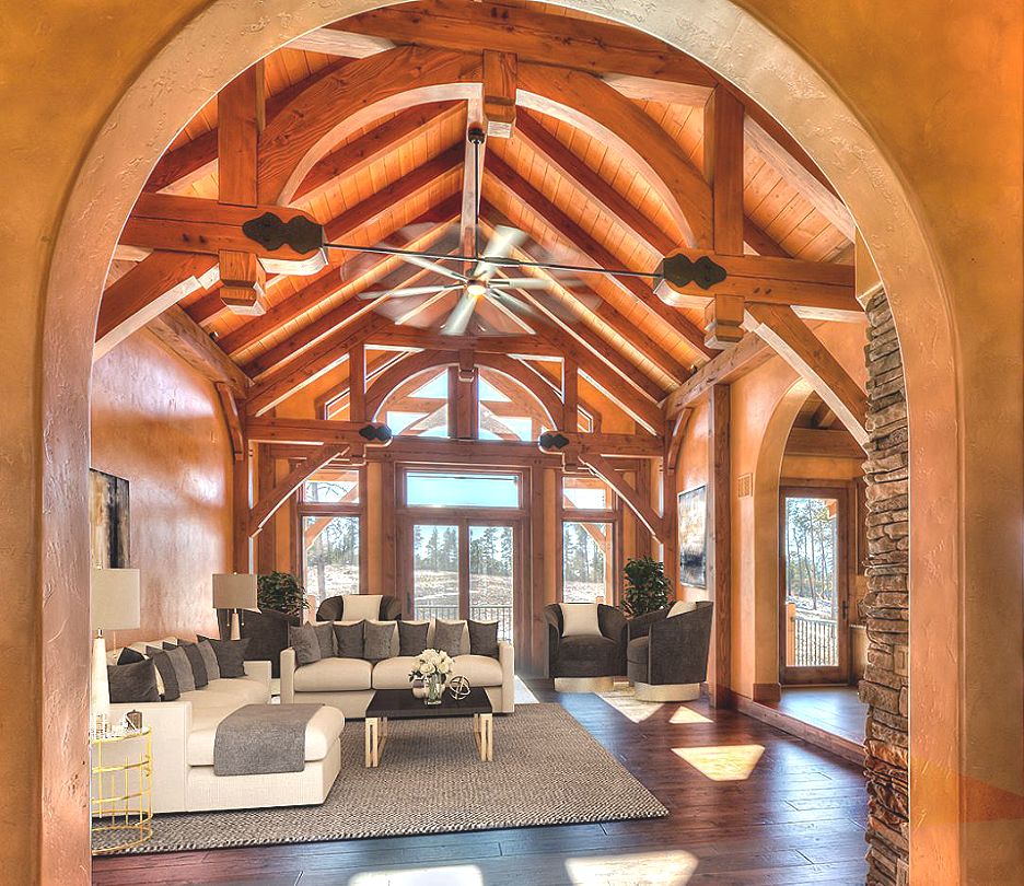 Timber Dreams. Guarino Construction authentic timberframe home build.  (Living Room)