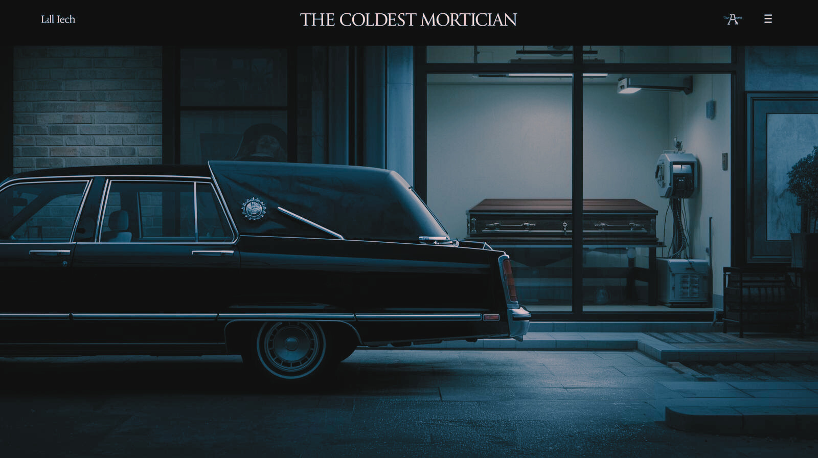 A vintage black hearse parked outside a building at night with a glass front door that reveals a mortician's room inside. The room contains a gurney, a wall-mounted phone, and medical equipment. The scene is dark and moody with a blue tone.