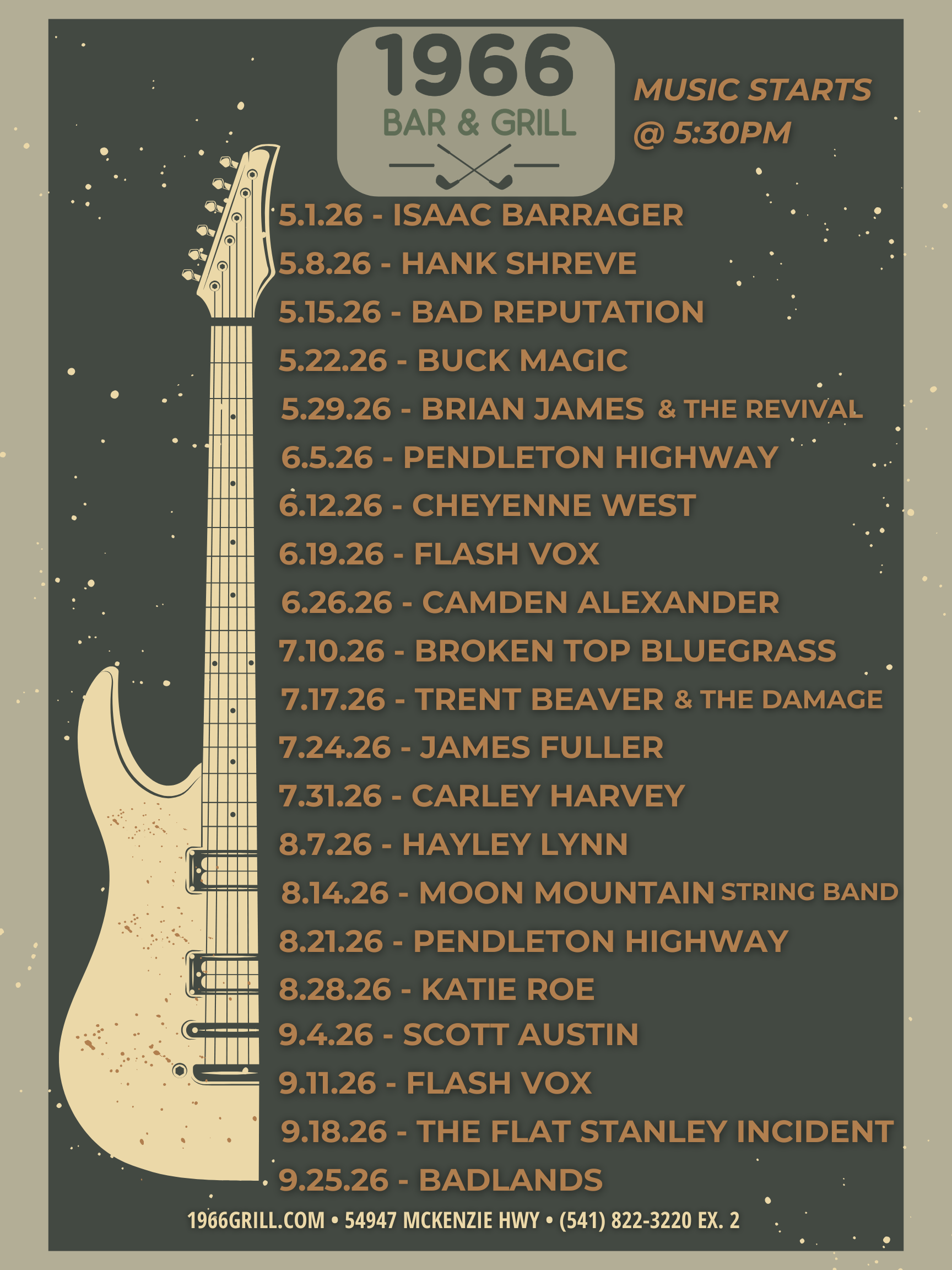 Flyer for 1966 Bar & Grill's live music schedule for summer of 2026. Find live music here every Friday starting May 1st through September 25th.