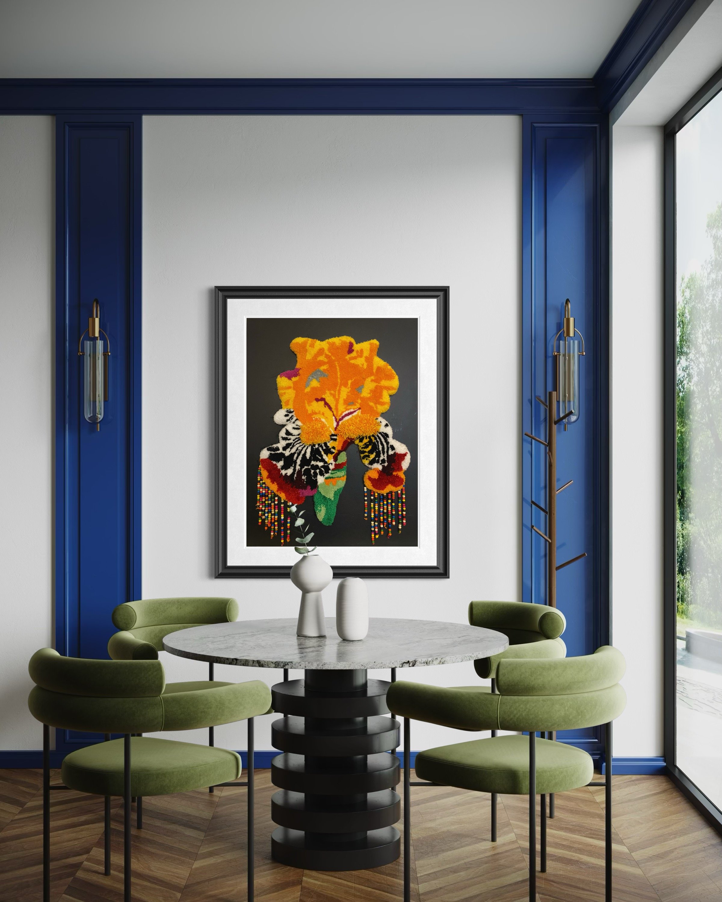 A vibrant Iris abstract portrait an artist textile interpretation of colourful Iris flower created with the intention to bring joy and colour interiors that intentionally owns original decorative artistic textiles 