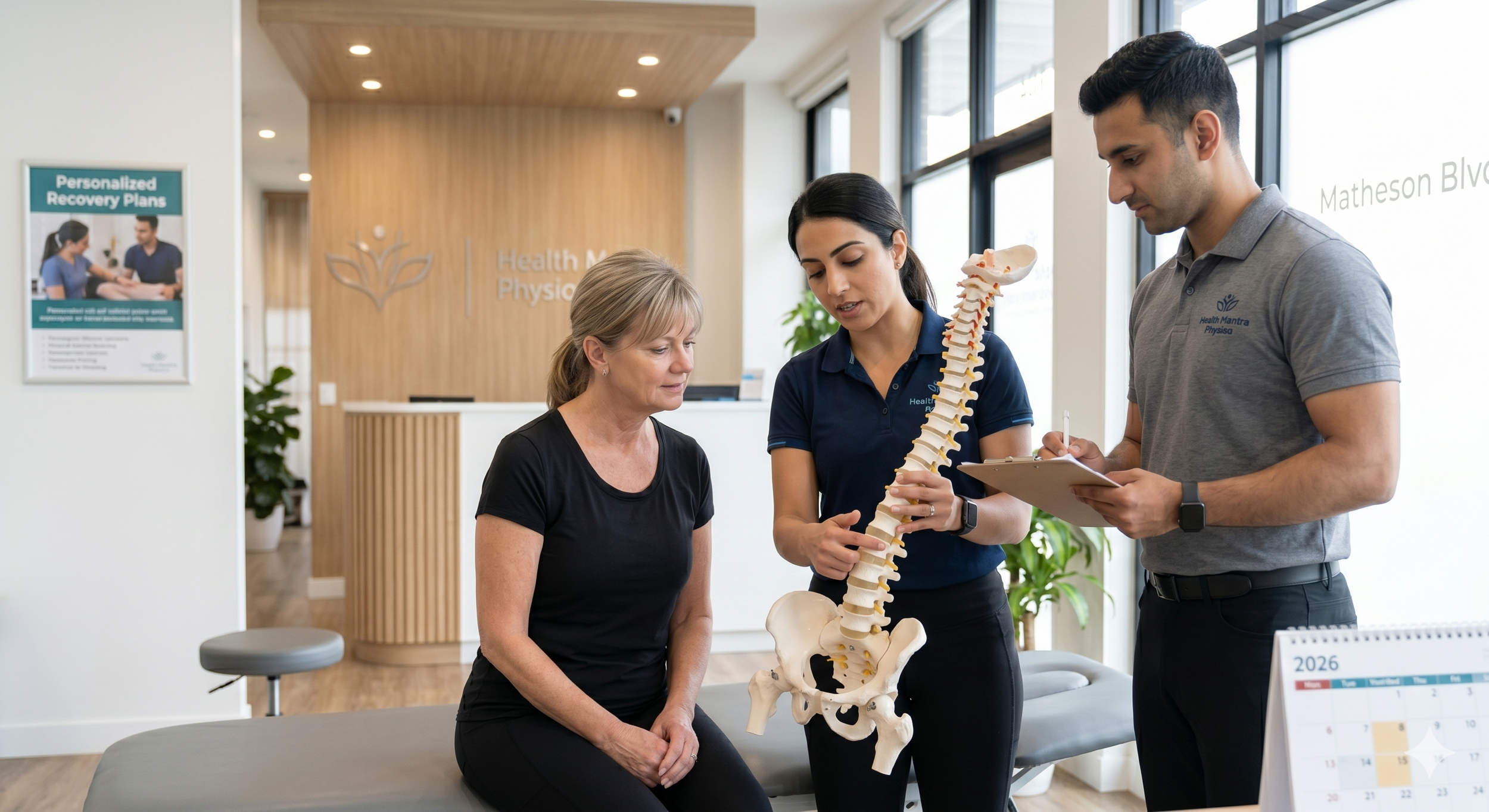 A physiotherapist and chiropractor at Health Mantra Physiotherapy in Mississauga collaborating on a customized treatment plan.