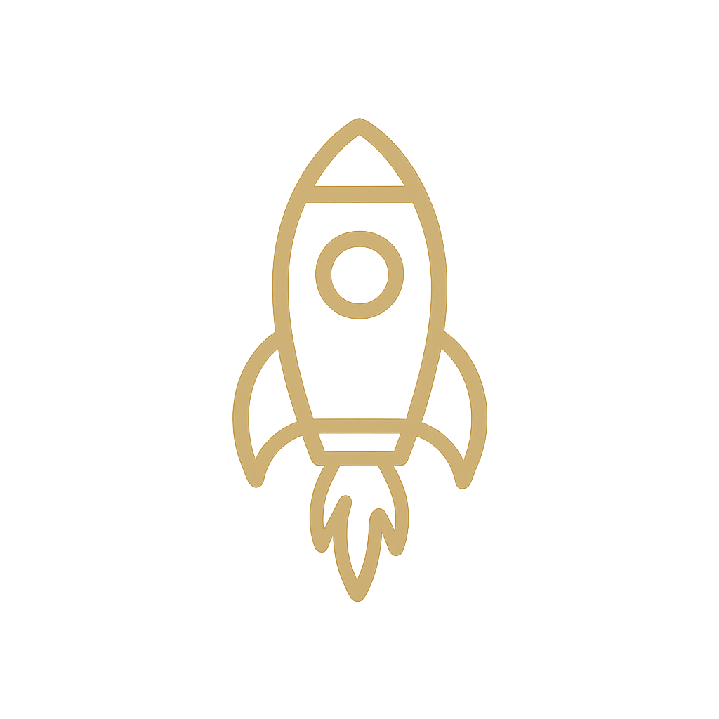 Gold outline drawing of a rocket on a black background.