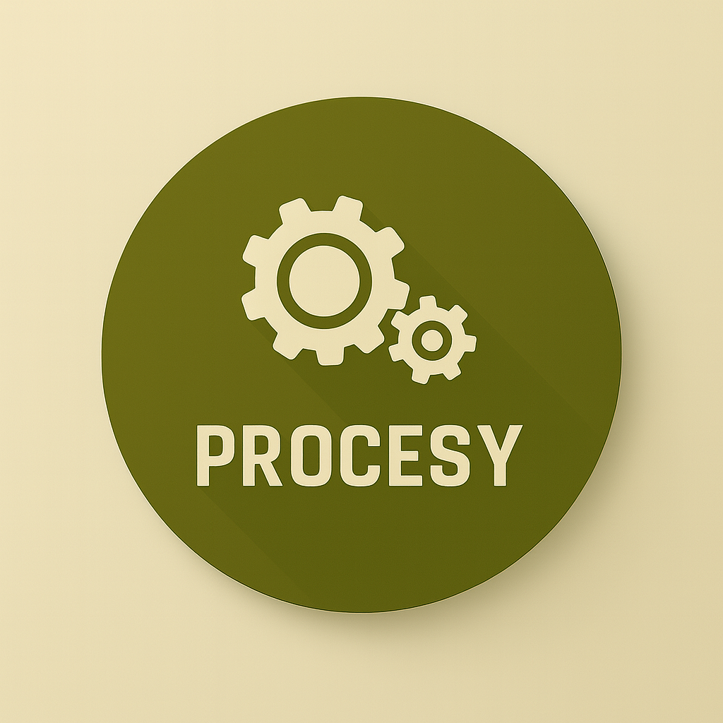 Green circular sign with white gears and the word "PROCESSY" in the center.