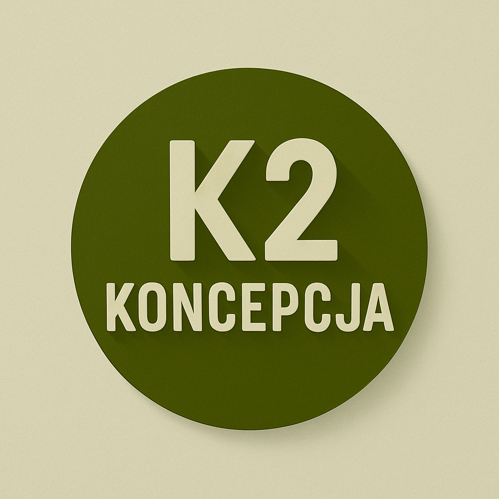 Green circular sign with white text that says 'K2 KONCEPCJA'