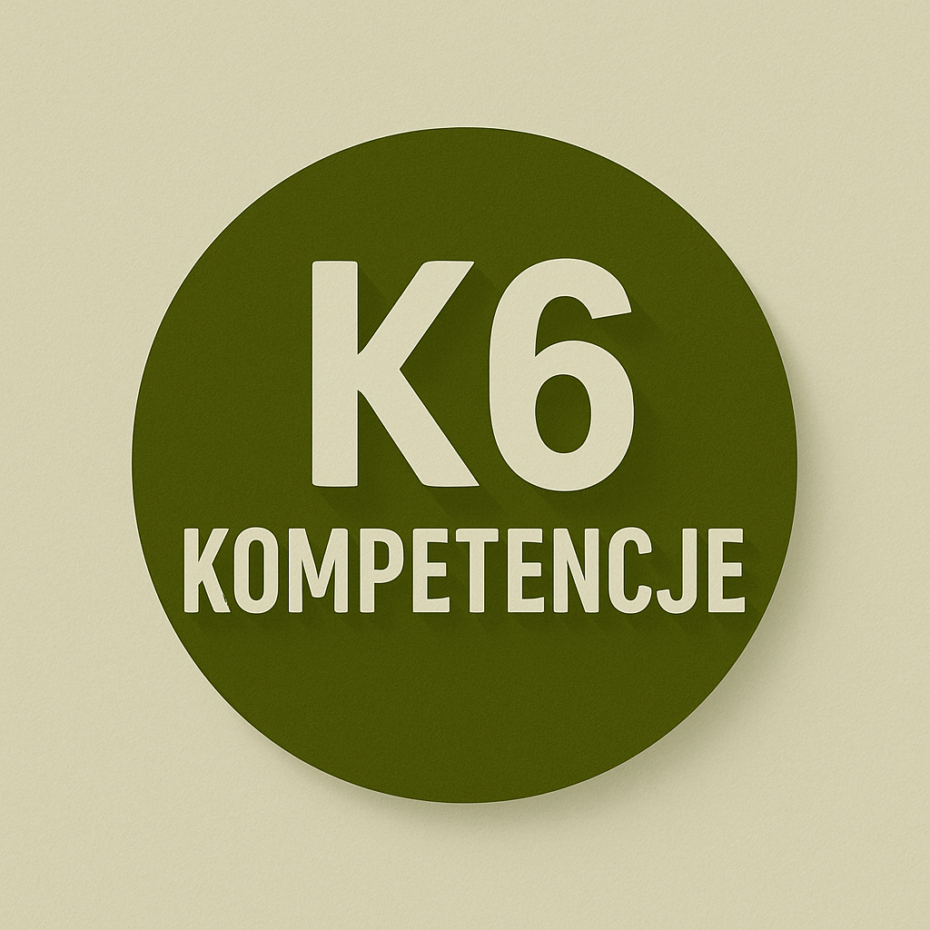 Green circular sign with white text reading 'K6 KOMPE'TENCJE' mounted on a light-colored wall.