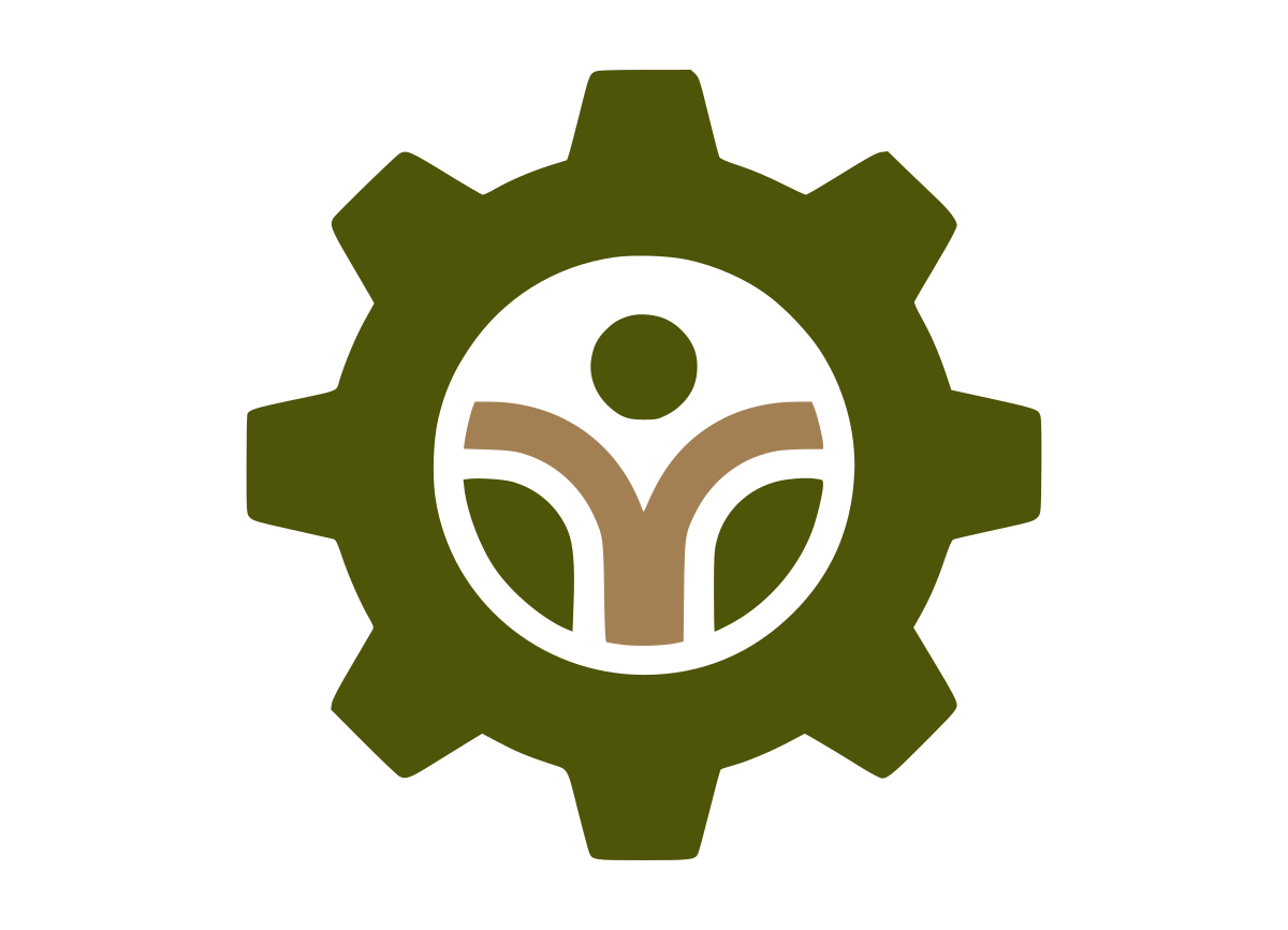 A graphic logo features a gear with a stylized human figure in the center, with arms raised and a circular head, all within a circular frame.