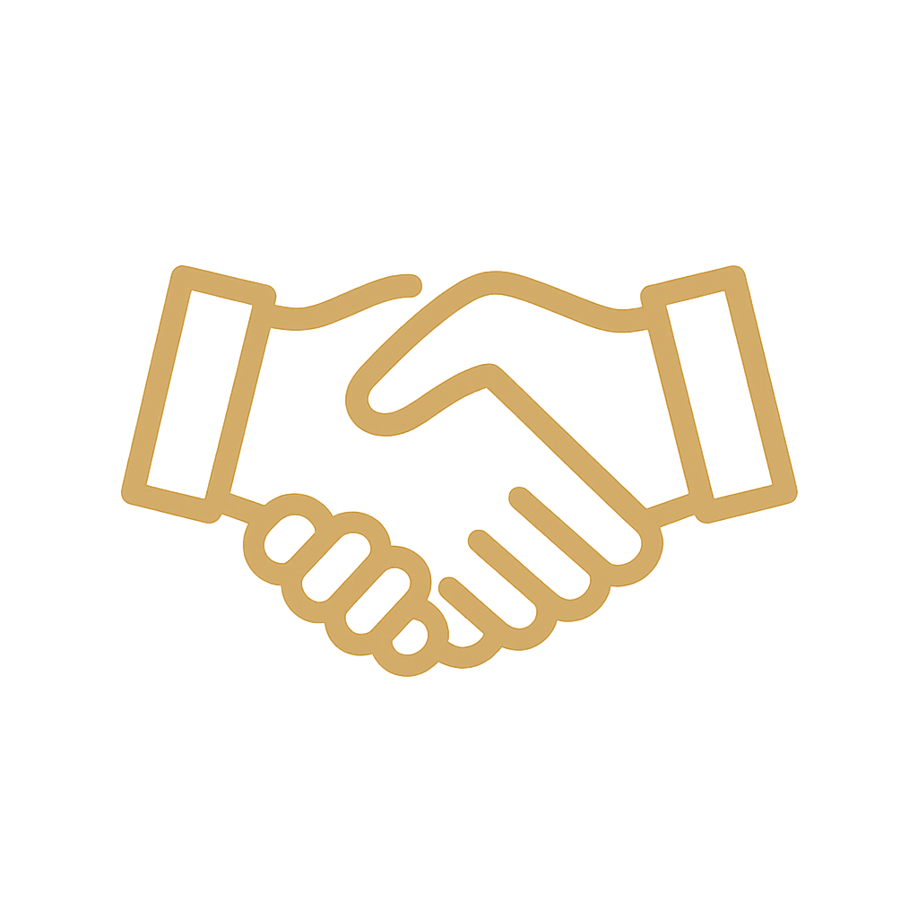 Gold outline of a handshake icon on a black background.