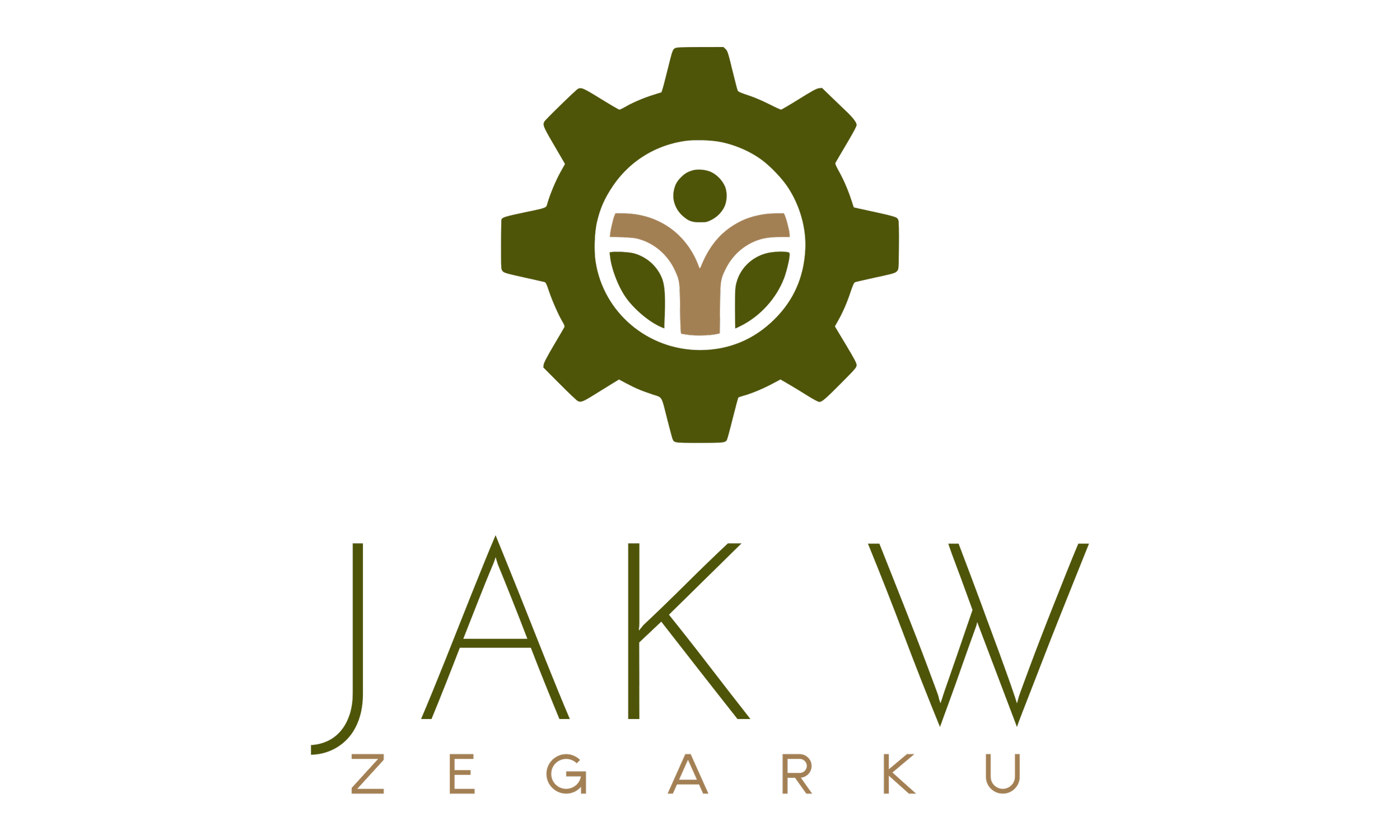 Logo featuring a gear with a person and plant symbol inside, with text 'JAK W ZEGARKU' underneath.