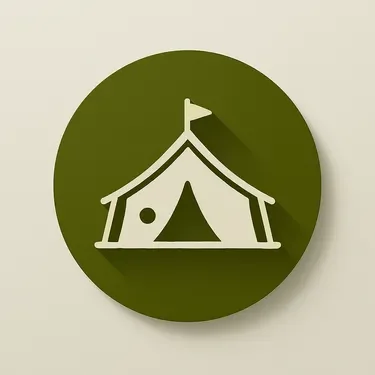 Icon of a tent with a flag on top, displayed on a green circular background.