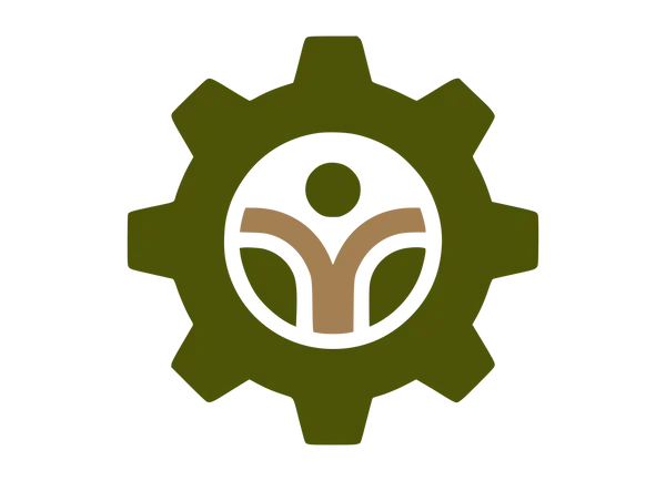 A logo featuring a green gear with a stylized figure inside, with outstretched arms, and a circle above its head, symbolizing a human figure or a plant within the gear.
