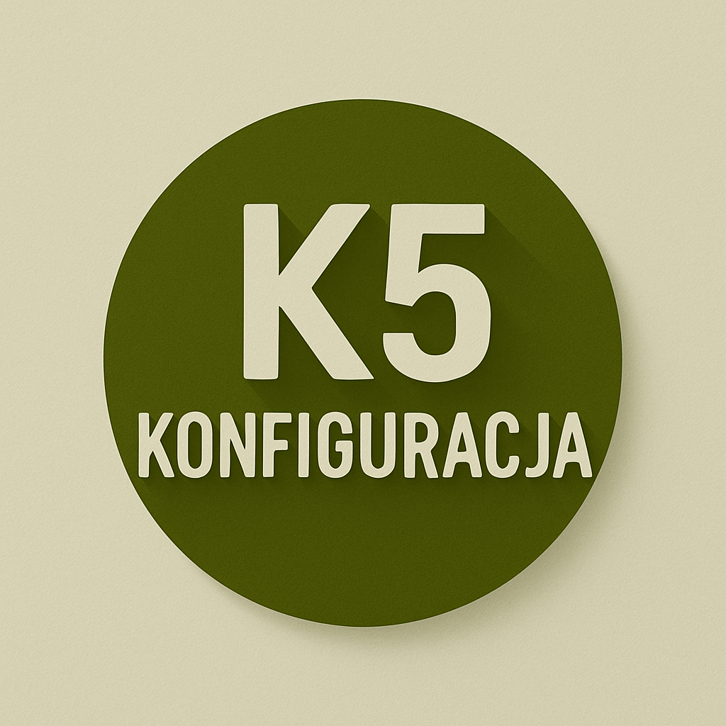 Green circular sign with white text reading "K5 KONFIGURACJA" on a light-colored wall.