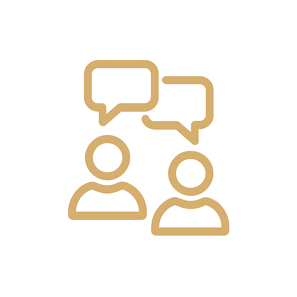 Outline of two people having a conversation with speech bubbles above their heads.