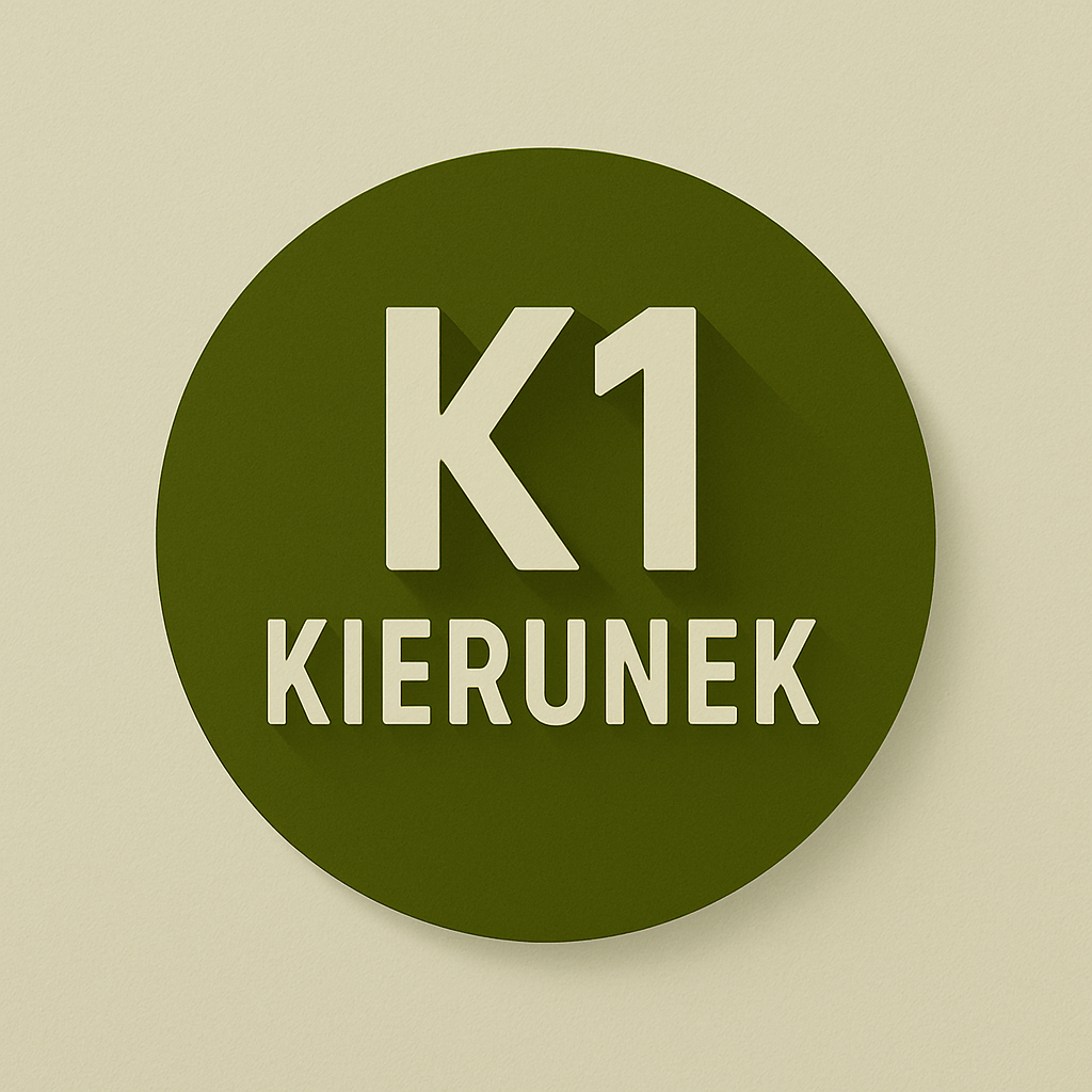 Sign with green circle background displaying 'K1' and 'KIERUNEK' in white letters.