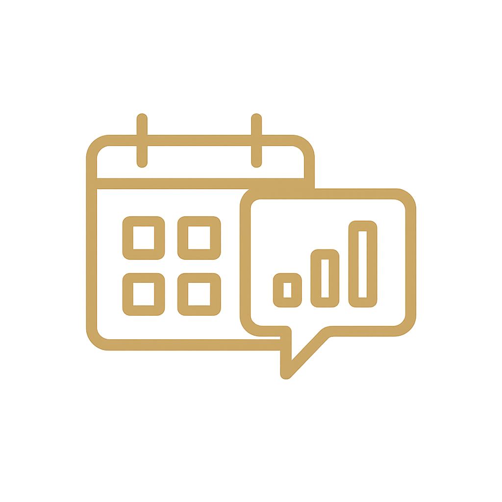 Gold calendar icon with four squares and a speech bubble containing a bar chart