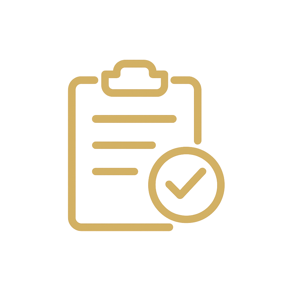 Neon icon of a clipboard with a checkmark, glowing yellow against a dark background.