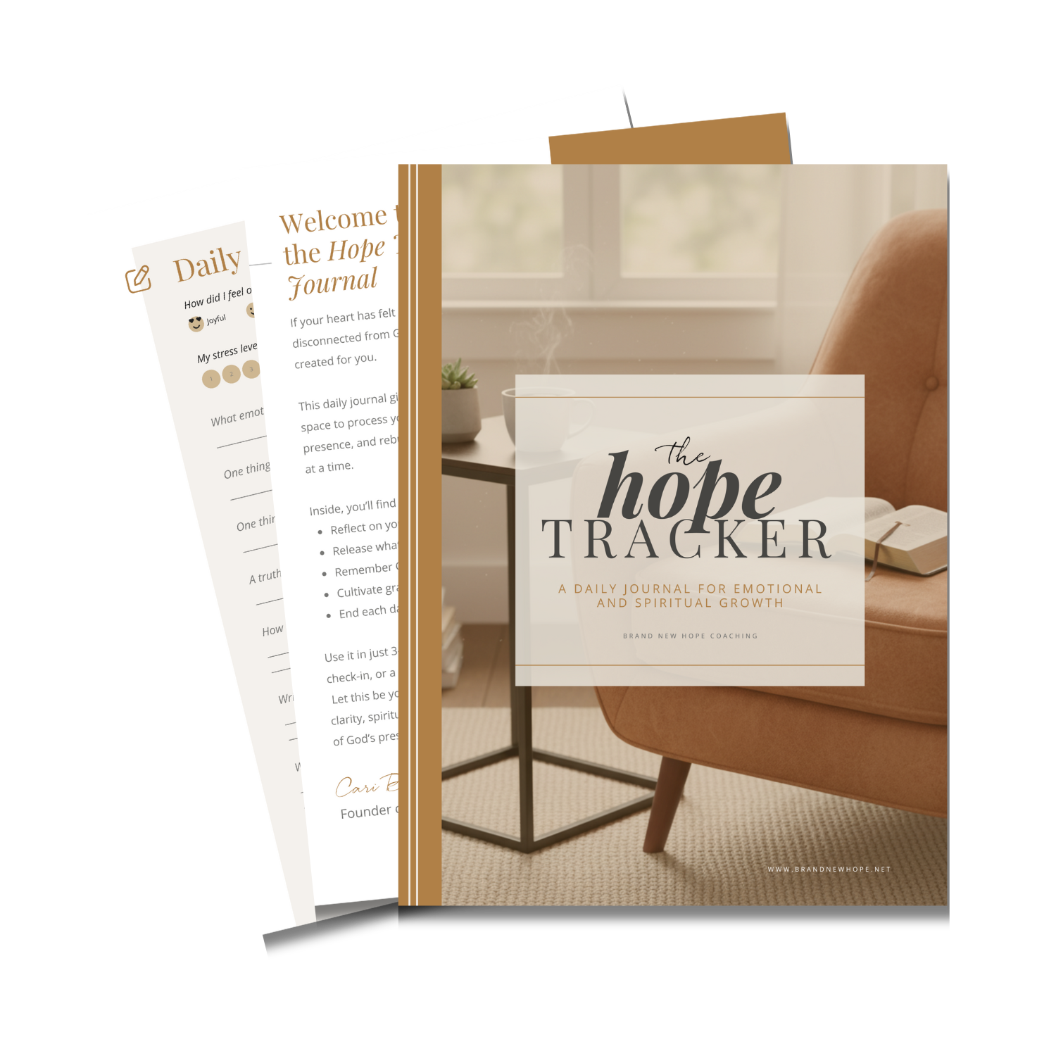 Mockup of the Hope Tracker Journal, a gentle daily Christian journal for emotional clarity and spiritual renewal.