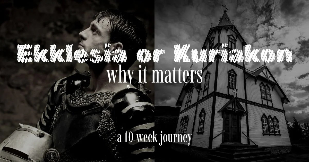 A half portrait of a young man in medieval armor on the left and a black and white image of a church on the right. Overlaid text reads 'Excellence or VainShadows why it matters a 10 week journey.'
