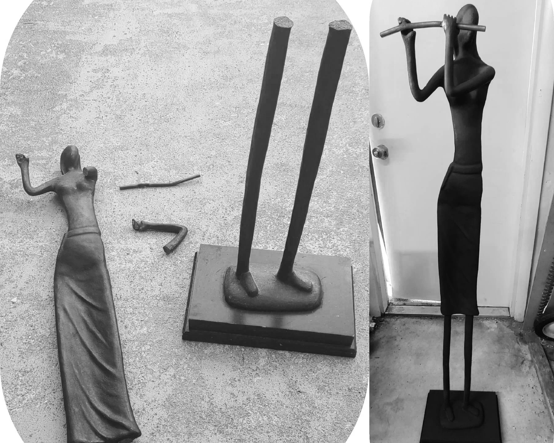 Before and after photo of a metal sculpture of a woman playing a flute.  One half of the image shows the broken pieces of the statue disassembled on the ground next to her, the other half shows the statue reassembled following the repair.