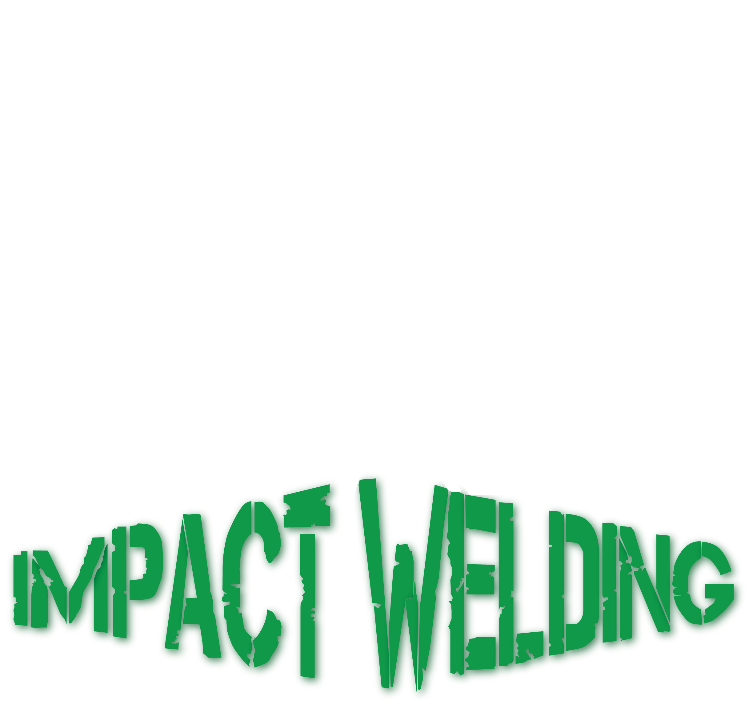 A graphic with green bold text reading 'Impact Welding,' and a white silhouette of a welder with spiked edges, combined with black and white jagged shapes.