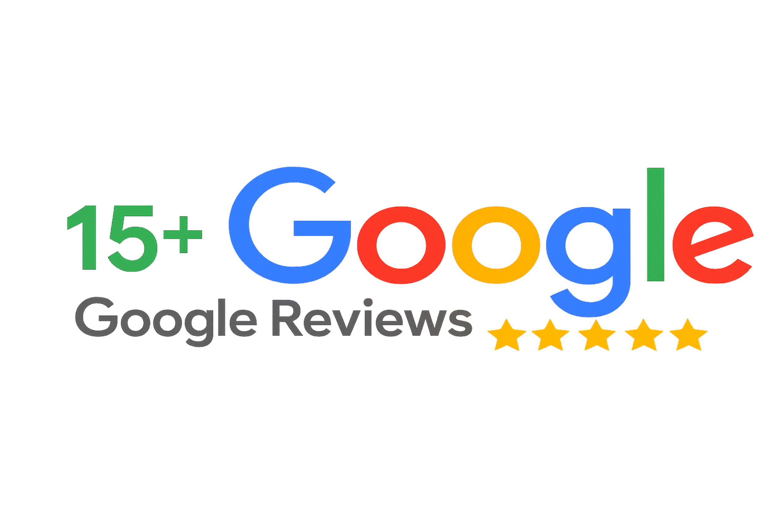 Google logo with colorful letters, '15+,' five-star rating symbols, and the words 'Google Reviews'.