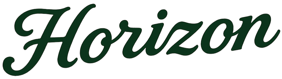 The word 'Horizon' written in cursive green font against a black background.