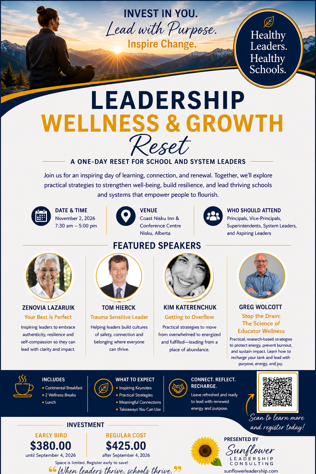 Flyer for 'Leadership Wellness & Growth Reset' event on November 2, 2026, at Coast Nisku Inn & Conference Centre in Nisku, Alberta. The event promotes leadership development, resilience, and well-being for school and system leaders with featured speakers Zenovia Lazaruik, Tom Hierck, Kim Katerenchuk, and Greg Wolcott. It includes breakfast, wellness breaks, and lunch, and costs $380 early bird, $425 regular. The flyer shows a woman meditating outdoors at sunset and contains a QR code.