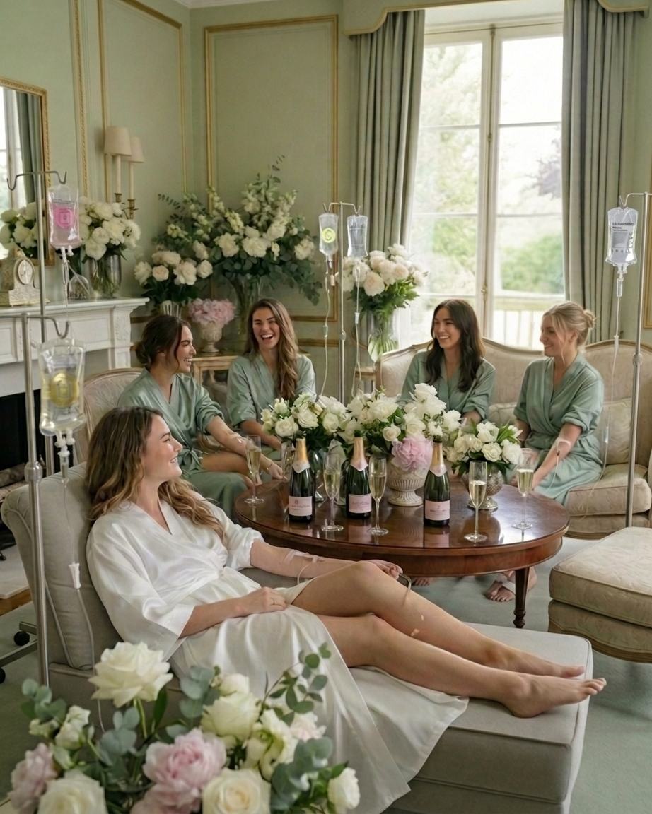 A bride-to-be lying on a lounge chair with an IV, surrounded by her bridesmaids, at a bridal shower or pre-wedding celebration in a decorated living room with floral arrangements and champagne.