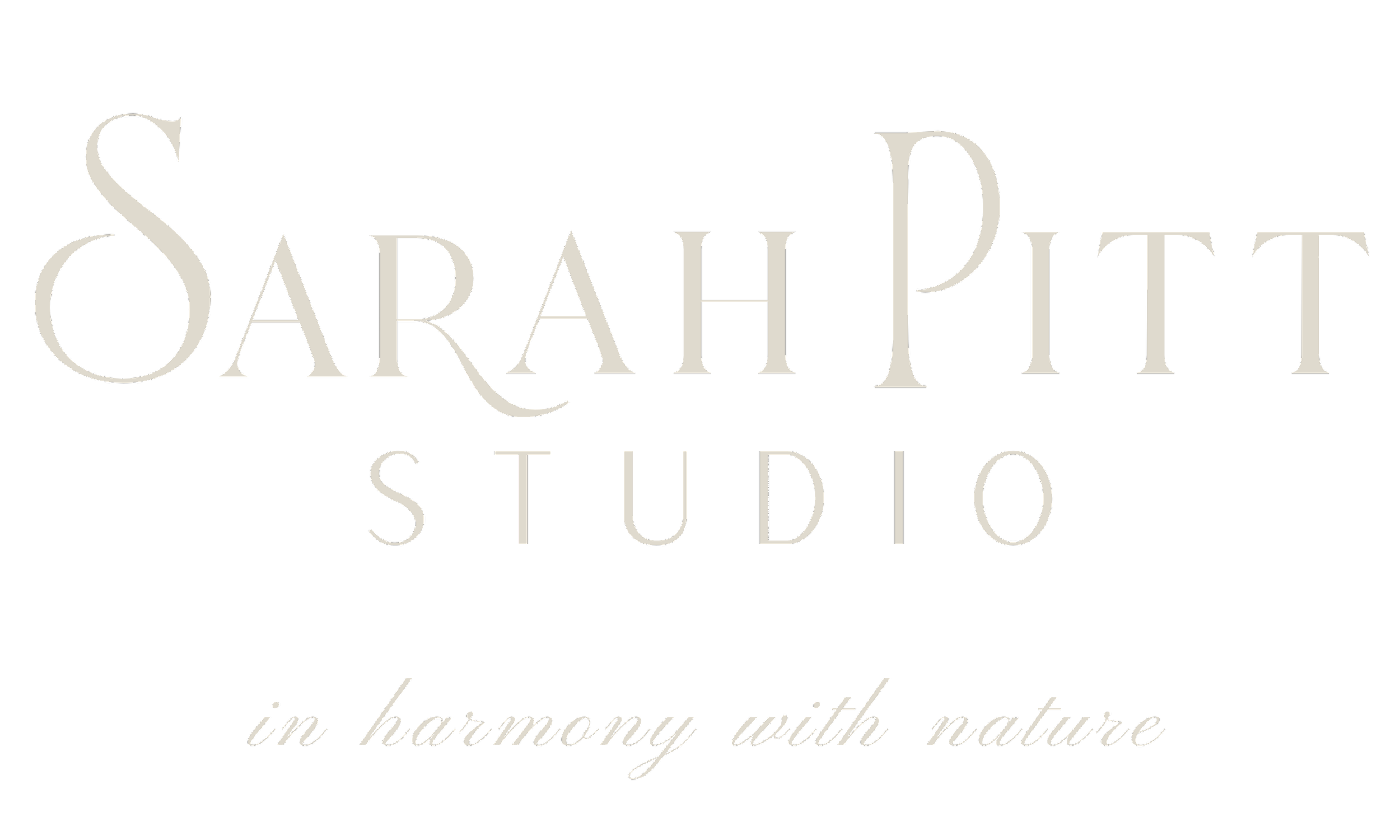 Sarah Pitt Studio logo with the tagline 'in harmony with nature' on a dark olive green background.