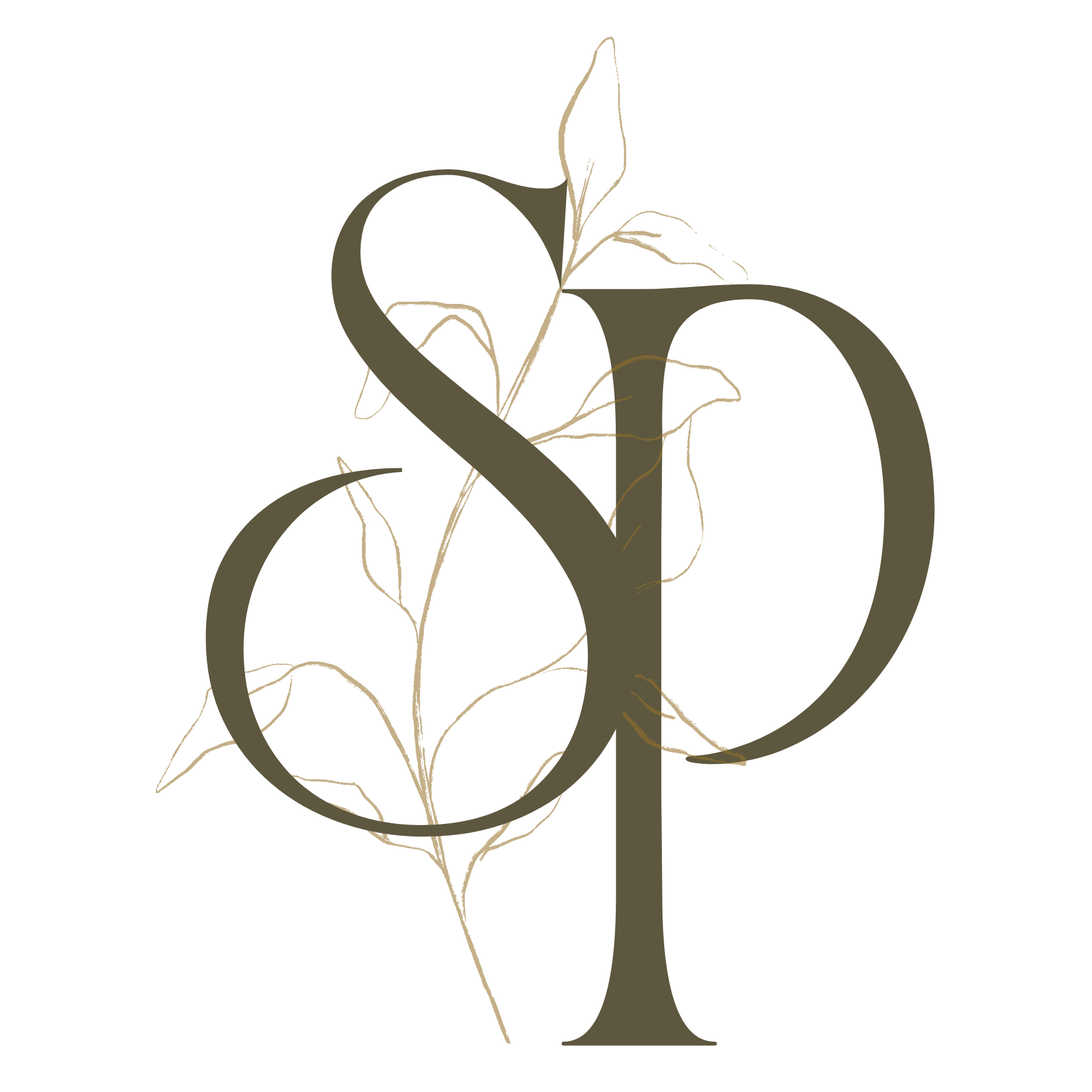 Dark olive green stylized letter 'S' & 'P' with ochre -colored vine and leaves intertwined - a submark for Sarah Pitt Studio brand.