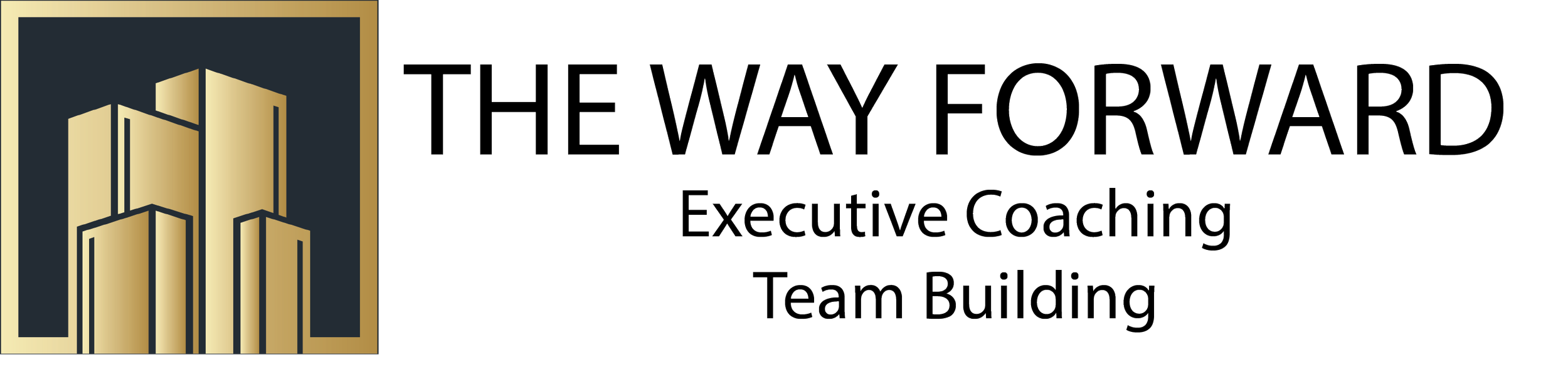 logo with three gold-colored skyscrapers on a dark background