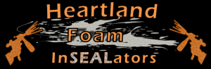 Heartland Foam InSEALators logo with black background and orange text, illustrated with two crossed spray guns.
