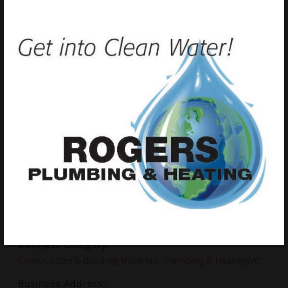 Logo for Rogers Plumbing & Heating with a globe inside a water droplet and the slogan 'Get into Clean Water!'